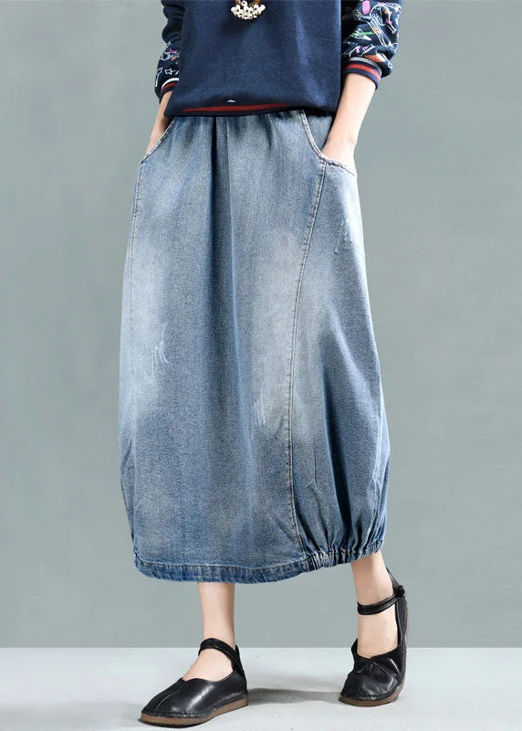 Women Light Blue Elastic Waist Patchwork Cotton Denim Skirt Spring midi skirt versatile